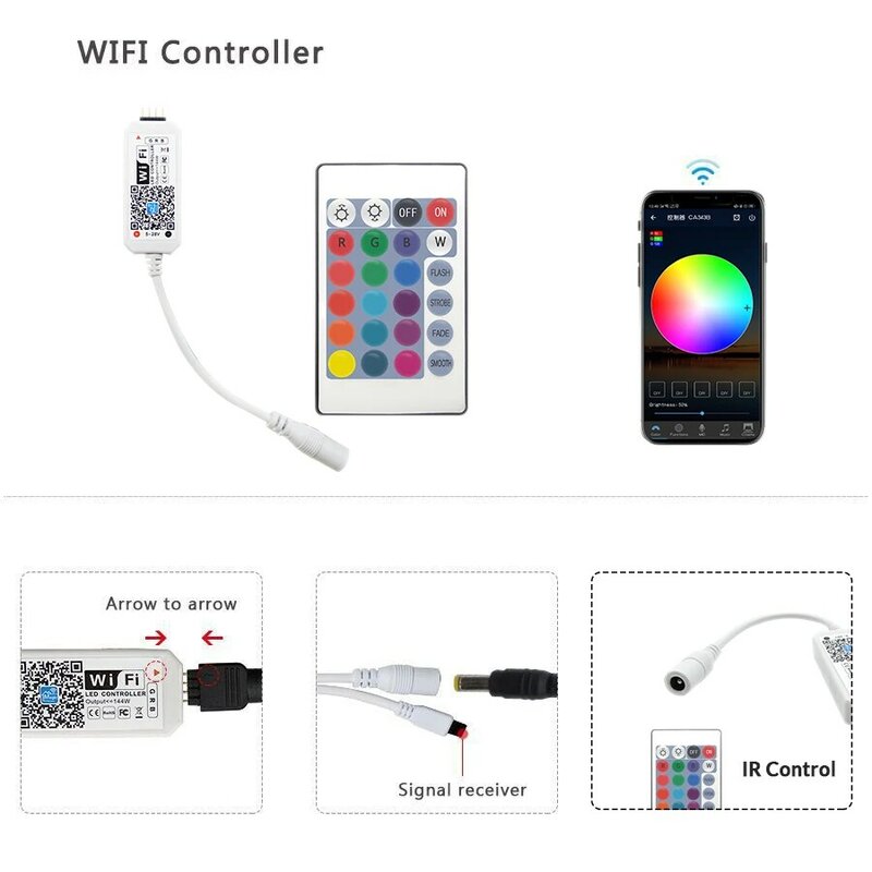 Fita de led rgb com controle remoto, com wi-fi, bluetooth, rgbw, rgbww, para ios e android
