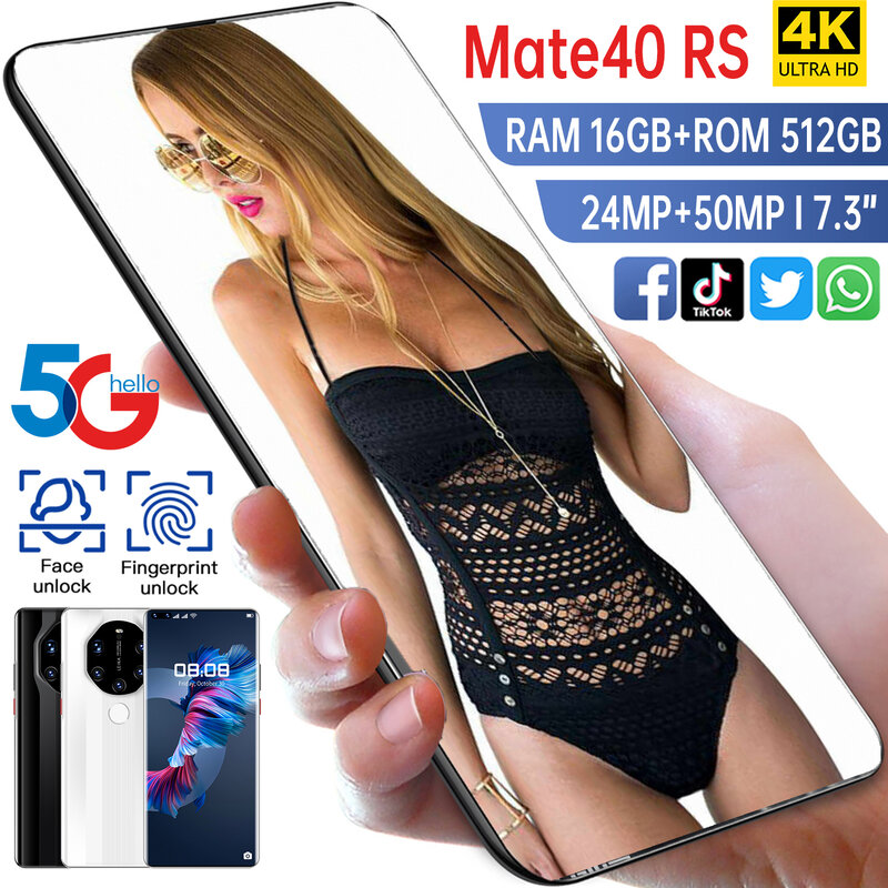 Mate40 rs jogo smartphone 7.3 Polegada 16gb 512gb grande bateria 6800mah 24mp 50mp rosto impressão digital desbloquear celular snapdragon 888
