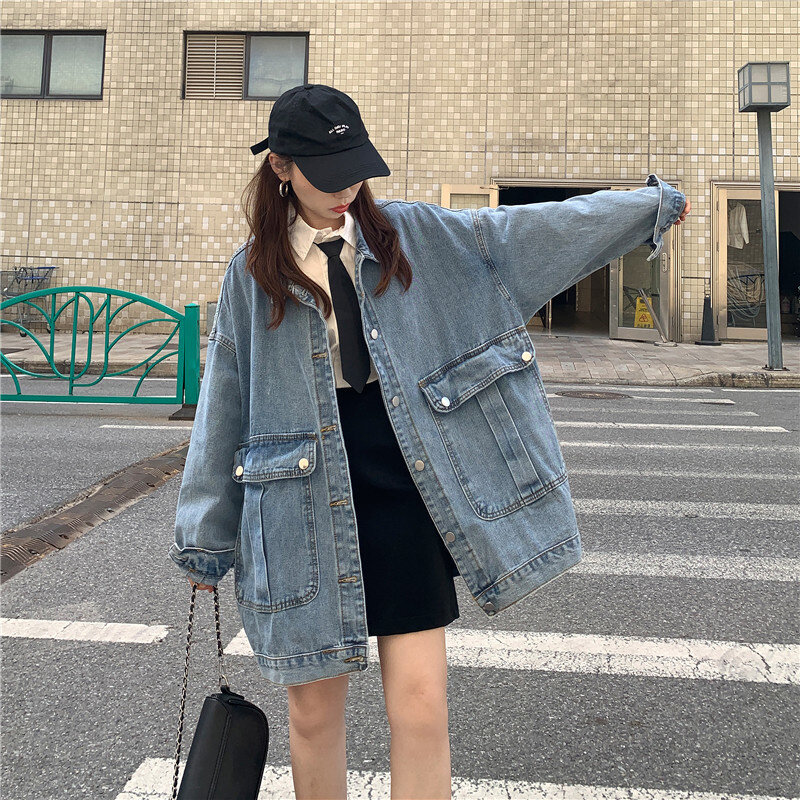 Grande jaqueta jeans feminina primavera e outono moda 2021 novo topo médio longo coreano solto jaqueta