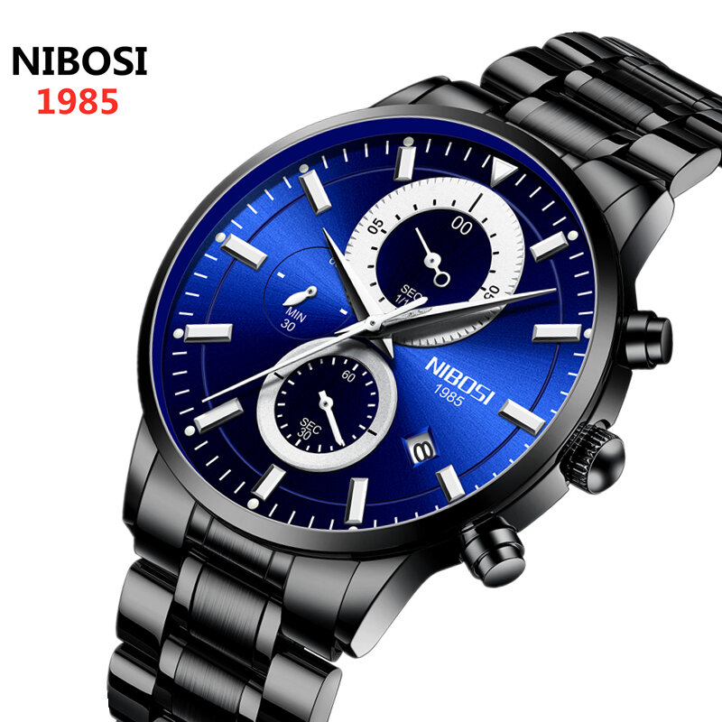 Часы наручные NIBOSI Мужские кварцевые, роскошные брендовые золотистые спортивные водонепроницаемые с хронографом и датой