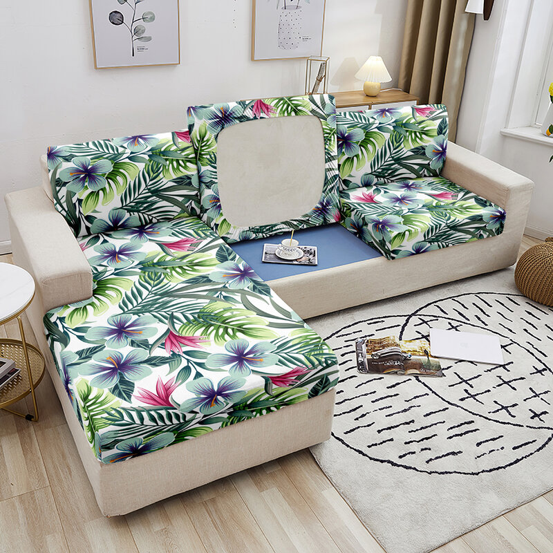 Sarung Bantal Kursi Sofa Elastis Tanaman Hijau Sarung Kursi Sofa Ketat Bunga Warna-warni untuk Ruang Tamu Sarung Sofa