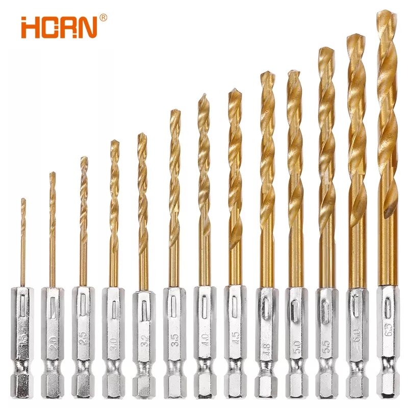 HORN 13Pcs 1/1.5/2.0/2.5/3mm Titanium Coated Twist Drill Bit High Steel for Woodworking Plastic And Aluminum HSS Drill Bit Set