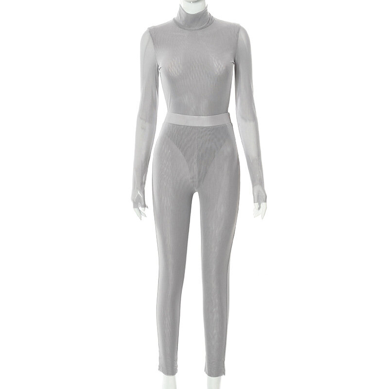 Conjunto de dos piezas de Top y Leggings para mujer, traje Sexy transparente de malla transparente, chándal para fiesta y Club nocturno
