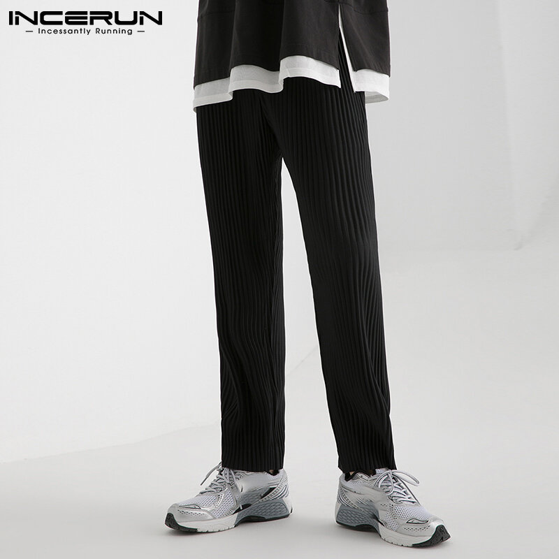 INCERUN мужские стильные плиссированные длинные брюки, красивые хорошо облегающие брюки, стильные однотонные Удобные широкие брюки, модель 2021