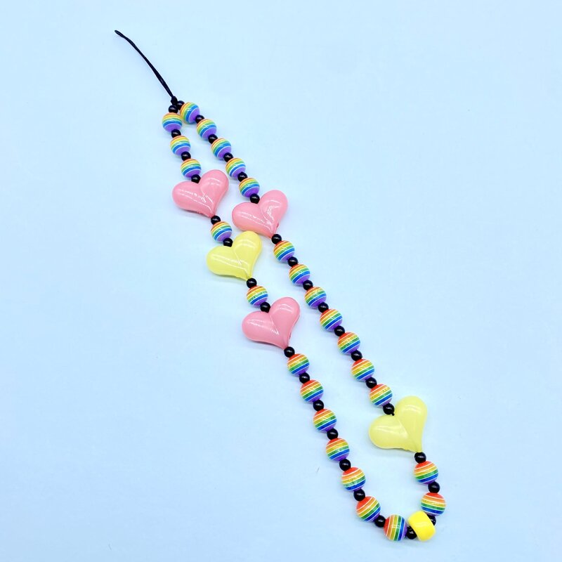 Bunte Herz Acryl Lange Kette Handy Cords Handmade Boho Regenbogen Perlen Kette Handy Gurt Lanyard geschenke