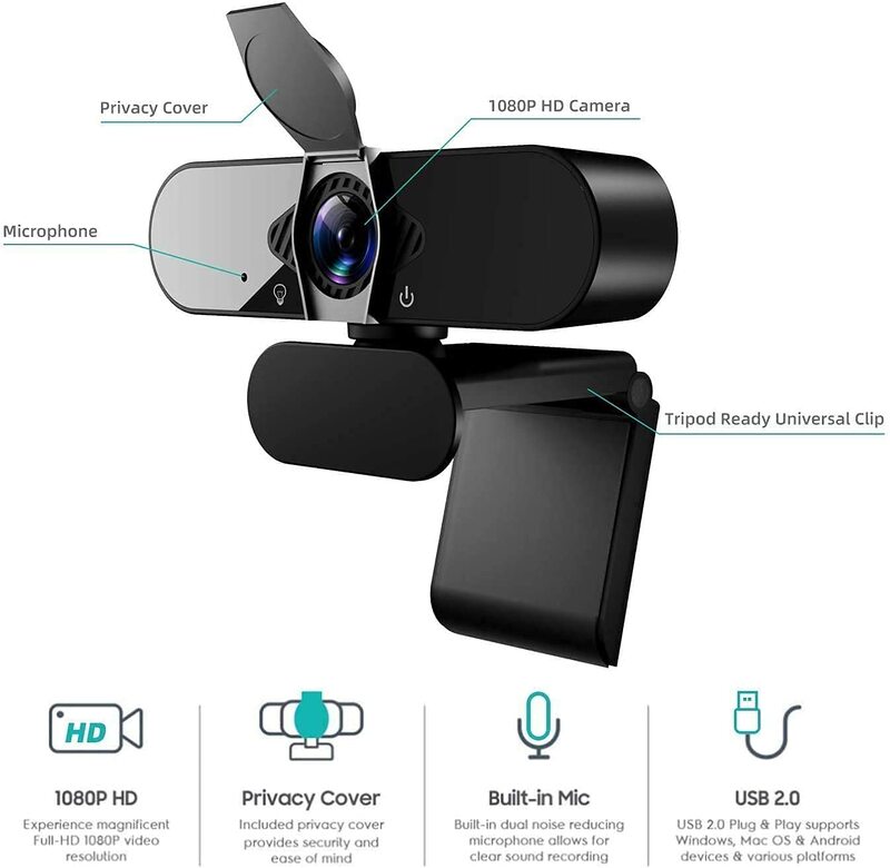 كاميرا ويب للأعمال 1080P مع ميكروفون مزدوج وغطاء الخصوصية ، 2020 [ترقية] كاميرا كمبيوتر ويب USB FHD ، التوصيل والتشغيل ، ل