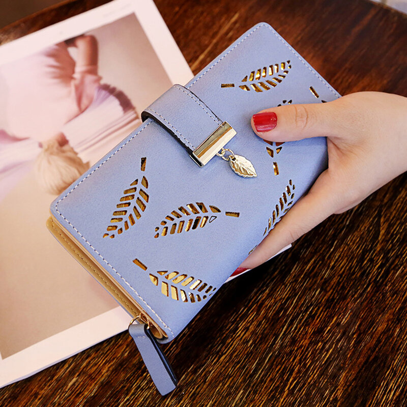 Women Wallet PU Leather Purse Female Long Wallets Gold Hollow Leaves Pouch Handbag For Women Coin Purse Card Holders Clutch