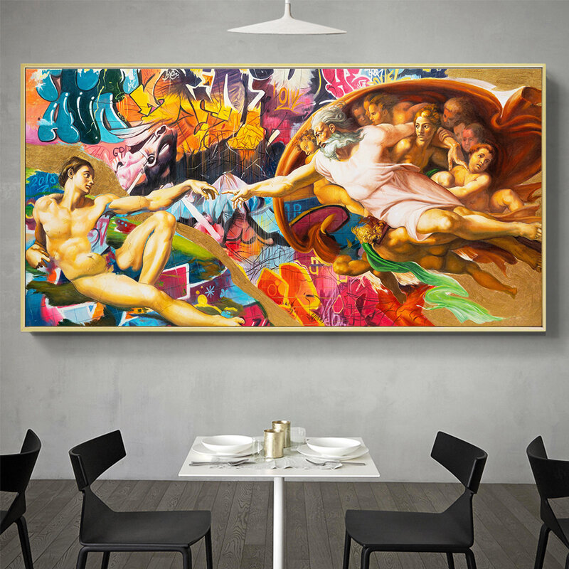 Graffiti astratti su tela pittura a olio classica Michelangelo creazione di Adam immagini a parete per soggiorno immagini modulari