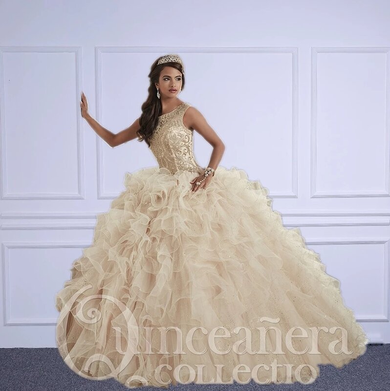 Cheap Quinceanera Dresses Ball Gown Scoop Organza Beaded Ruffles Puffy Sweet 16 Dresses