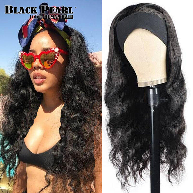 Headband Wig 100% Human Hair Scarf Wig 180% Density Remy Brazilian Body Wave Wig Natural Wavy Glueless Wig for Women 1B