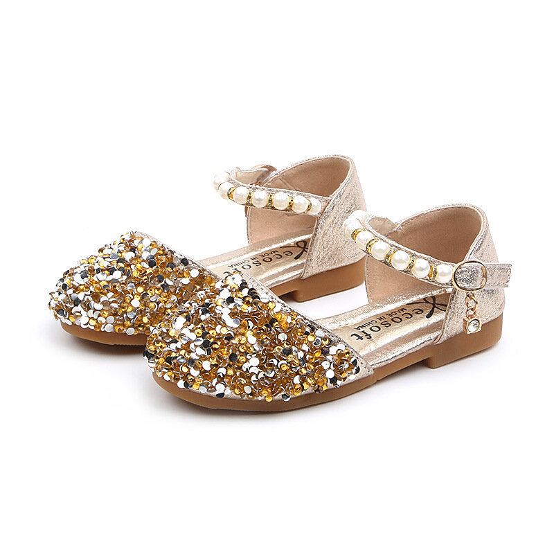 Zapatos de verano para niñas, zapatillas de princesa con cuentas de Mary Janes, zapatos planos de baile para bebé, sandalias para niños, zapatos de boda dorados MCH118