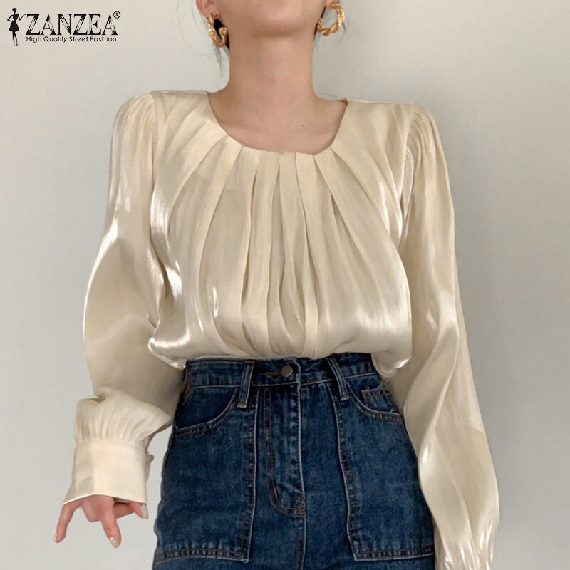 2021 wiosna kobiety modna bluzka ZANZEA Office Lady bufiaste rękawy topy Casual jednolita plisowana luźna Blusa Femme Oversized Top z okrągłym dekoltem