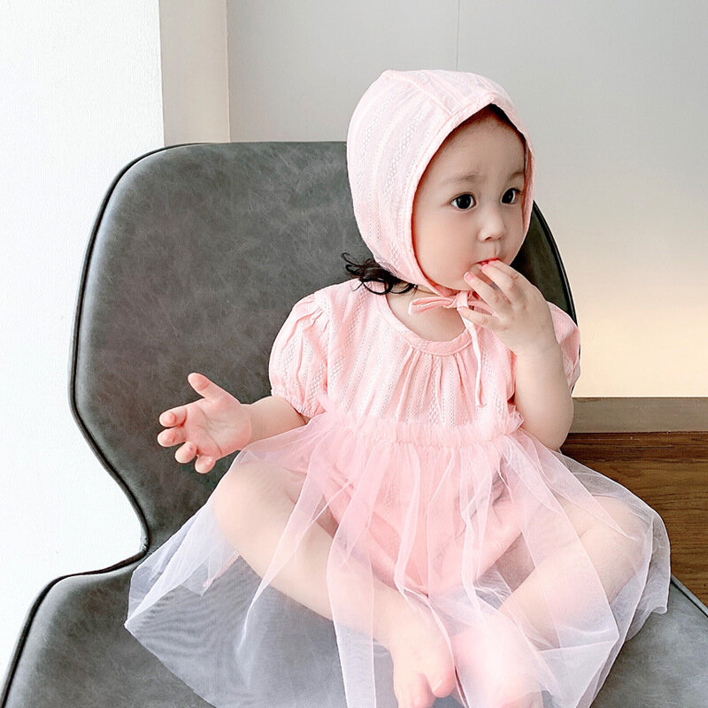 Yg 브랜드 아동 의류 2021 여름 베이비 메쉬 드레스 면화 기는 모자 두 조각 아기 양복