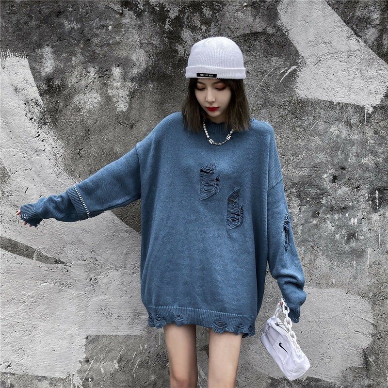 Fashion Distressed Destroyed Holes Jumper Sweaters Streetwear Women Men Hip Hop Harajuku Casual Loose Knitted Pullover Tops Male