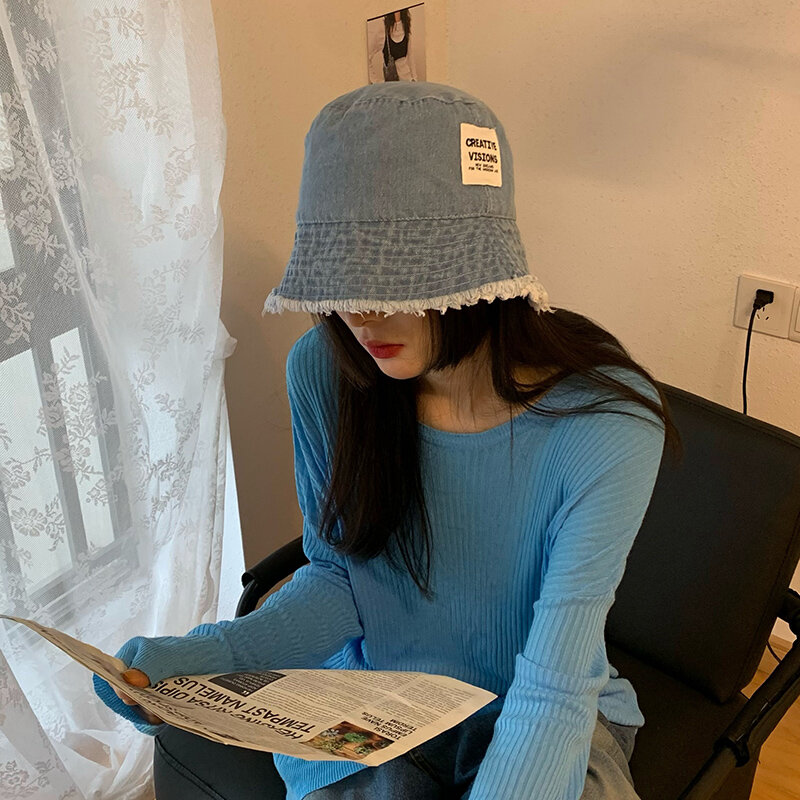 Chapeau de soleil en Jean de pêcheur pour femmes, série en ligne rouge, mode coréenne, tendance, début du printemps, bleu, visage seau