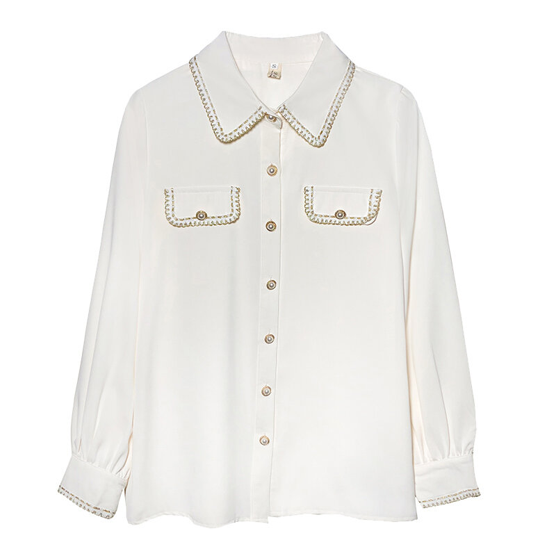White shirt women's fall/winter 2020 new Korean version of wild embroidery trim chiffon top with plus velvet bottoming shirt