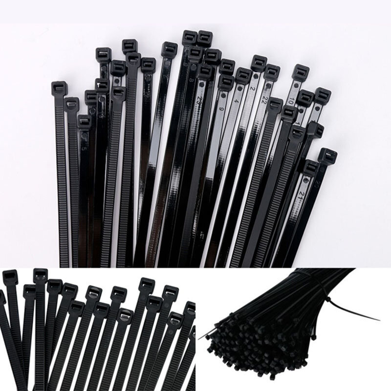 Amarre de cables de nailon de plástico autoblocante, 100 piezas, negro, 5x300, anillo de fijación, juego de amarre de cables industrial 3x200