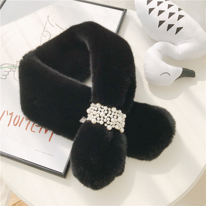 USPOP-bufanda de invierno con hebilla de perla para mujer, bufanda gruesa de piel sintética con anillo de estilo