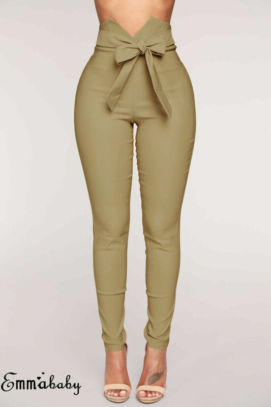Pantalones informales de cintura alta para mujer, pantalón entallado largo con lazo, elásticos, 2019