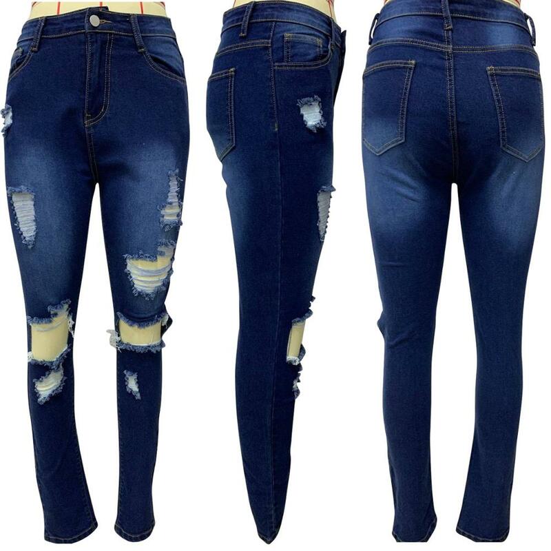 Calça jeans vintage de cintura alta com buraco borla, calça jeans azul plus size para mulheres