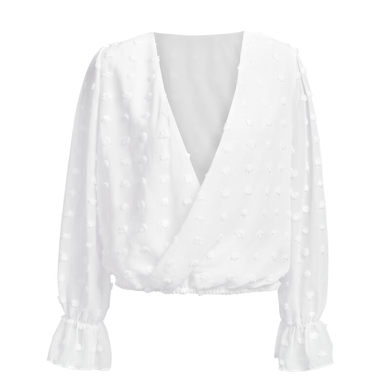 Venda feminina profundo decote em v superior branco jacquard moda camisa feminina manga longa chique camisa sexy polka dot blusas de malha sólida d30