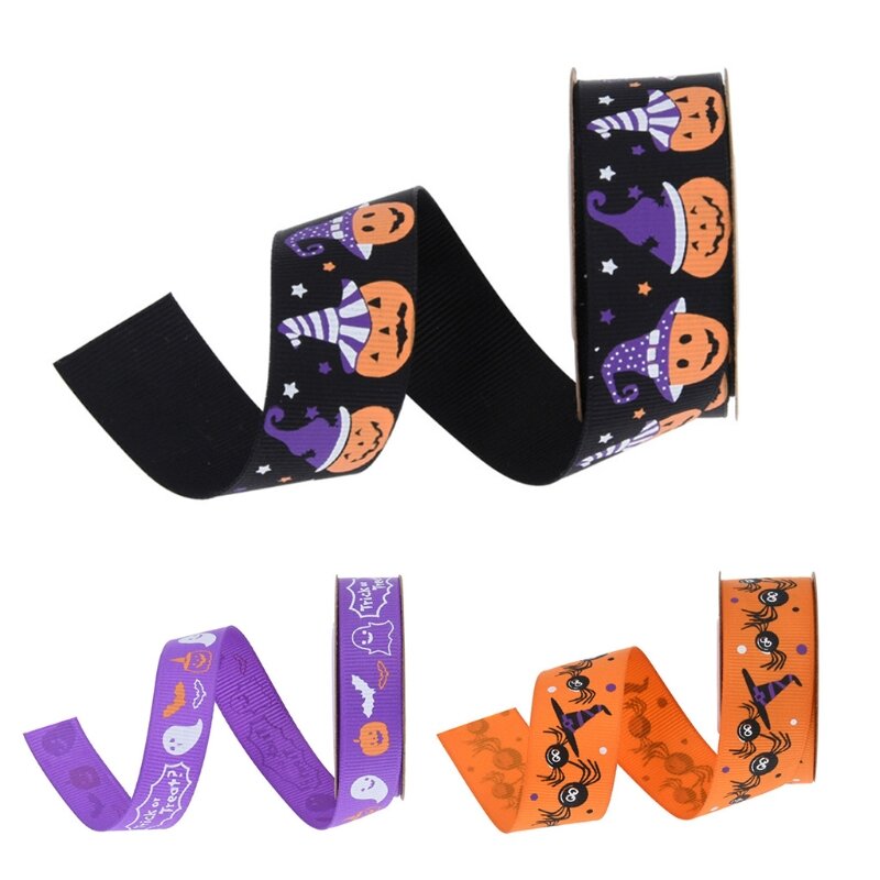Pita X3UE untuk Halloween Hadiah Membungkus Topi Spide & Penyihir & Labu & Spide Web & Tengkorak & Kelelawar & Hantu Multiwarna Pita untuk Halloween