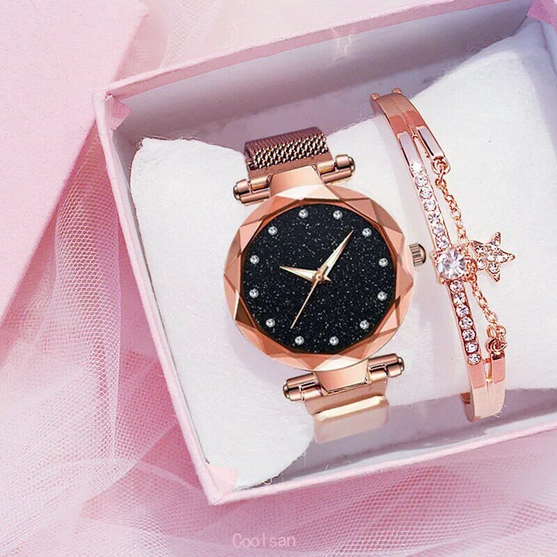 Relógio de pulso feminino de luxo, conjunto de pulseira e relógios para mulheres, céu estrelado, numeral romano, presente, relógio feminino