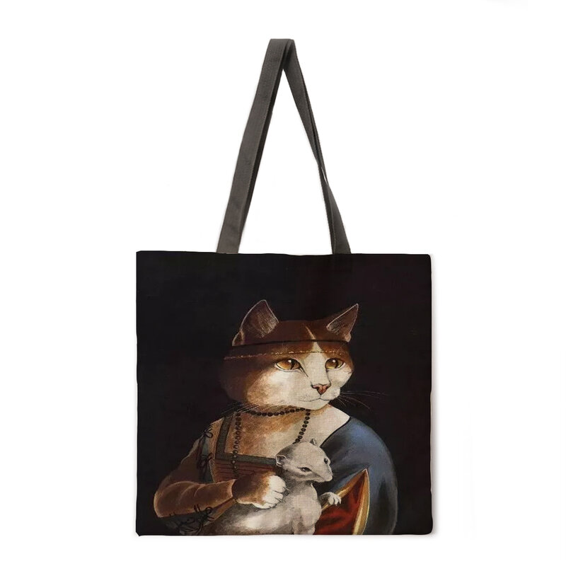 Bolso de mano con estampado de gato y pintura al óleo para mujer ba 