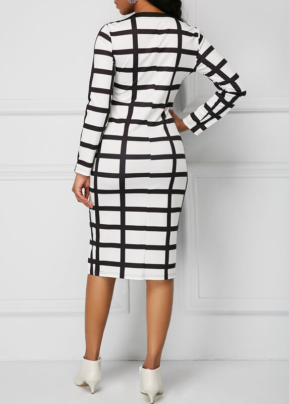 Vestido casual de outono e inverno, moda feminina, 5xl, novo vestido casual, preto e branco, xadrez, zíper, justo, vestido de escritório, 2021