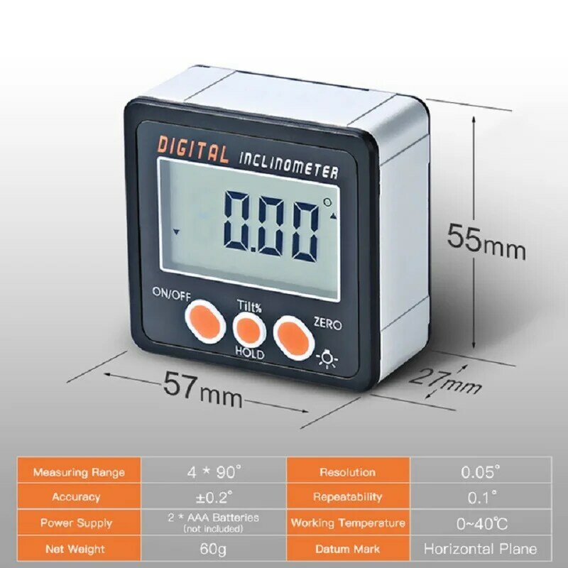 Digital Inclinometer 0-360 Sudut Segitiga Penggaris Elektronik Busur Derajat Paduan Aluminium Shell Kotak Sudut Gauge Meter Magnet Dasar