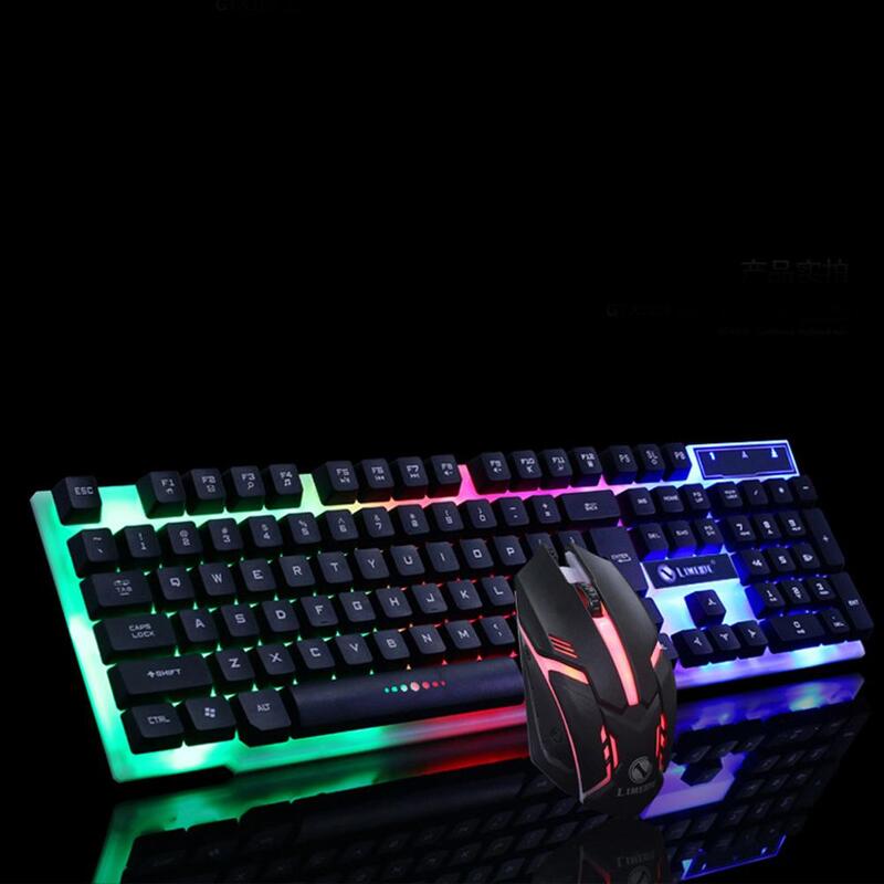 Juego de teclado con cable USB para videojuegos, Mouse retroiluminado con luces LED de colores arcoíris para PC, Kit de teclado y ratón para juegos, para casa y oficina