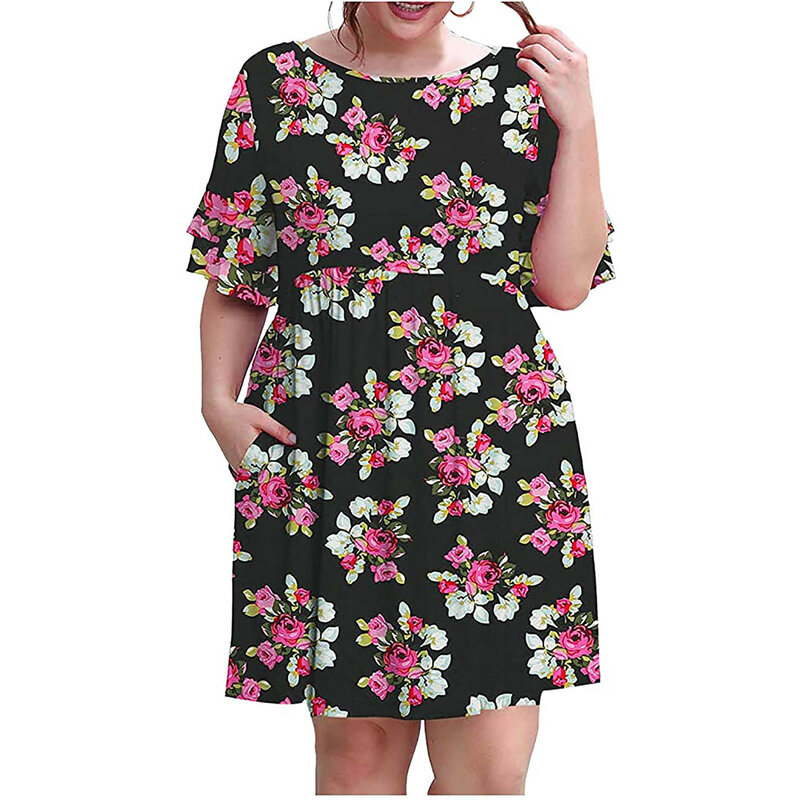 Women Summer Dress Loose Ruffle Sleeve Printing Plus Size Casual Swing Dress With Pockets New Large Size Casual Sundress Vestido