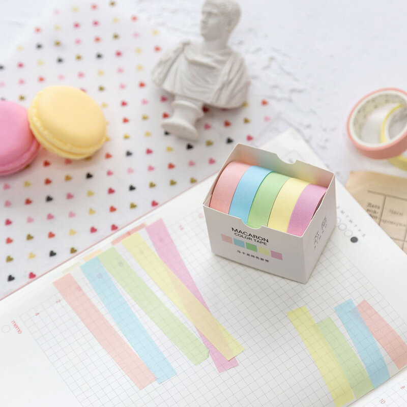 5Pcs/Kotak Lucu Macaron Padat Penuh Warna Washi Tape Scrapbooking DIY Dekorasi Siswa Alat Tulis Masking Tape