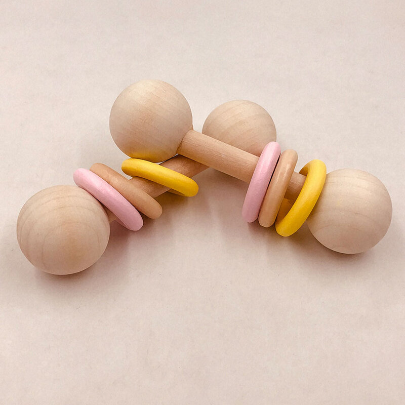 Maluch drewniane zabawki grzechotki dla dzieci gryzak rozwój Montessori wczesne zabawki edukacyjne 3 pierścienie ząbkowanie Chew grzechotka na łóżku