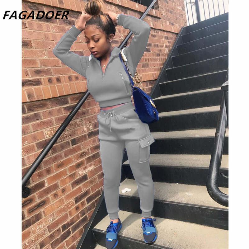 Fagadoer conjuntos de treino feminino manga comprida com capuz + e cordão jogger sweatpant ternos de duas peças sólido casual streetwear
