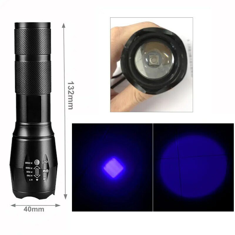 GM – Mini lampe de poche à lumière UV LED 3W, zoom 18650, 365nm, 395nm, détecteur d'urine animale, chasse au Scorpion