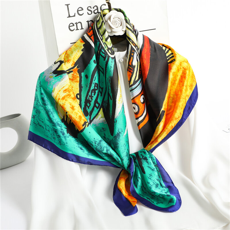 Kobiety Satin Silk Square szalik hidżab 2021 nowy modny nadruk chustka muzułmańska szale torba Wrap pałąk szalik Foulard 90*90cm