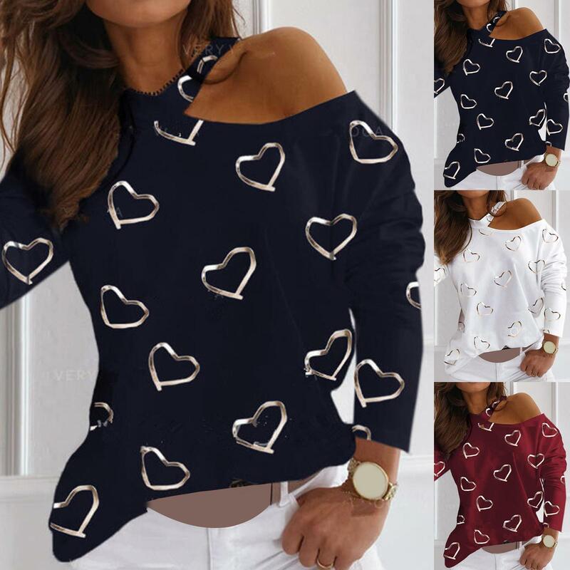 Sexy Women One Shoulder Pullover Female Knit Blouse Women Long Sleeve Hollow Out Blouse Love Heart Print One Shoulder Pullover