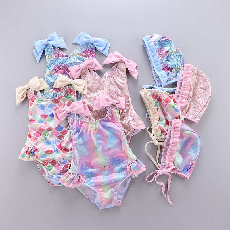 Baby Meisjes Zwemmen Dragen Regenboog Kleurrijke Shinne Ster Schattige Een Stuk Badpakken Met Hoed Kinderen Mode Badmode E20198
