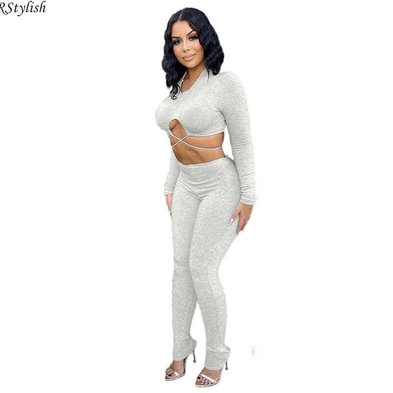 RStylish Fitness Women Two Piece Set Solid Long Sleeve Bandage Crop Top+Skinny Jogging Pants 2022 Spring Autumn Outfits