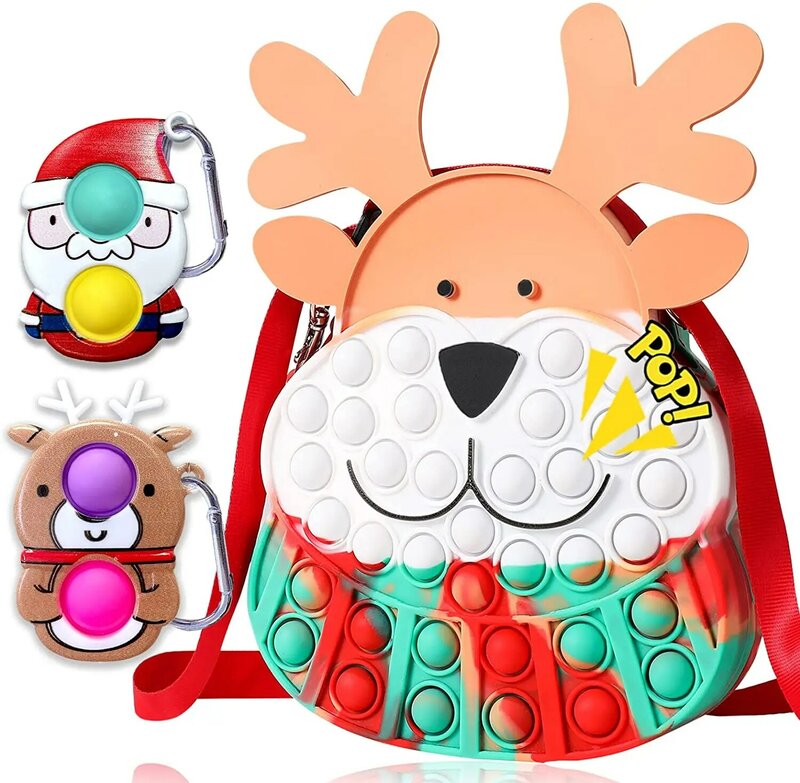 Pop Purse, Pop Shoulder Bag Fidget Toys for Kids, Silicone Christmas Deer Fidget Purse Help Kids Adults with Autistic & ADHD