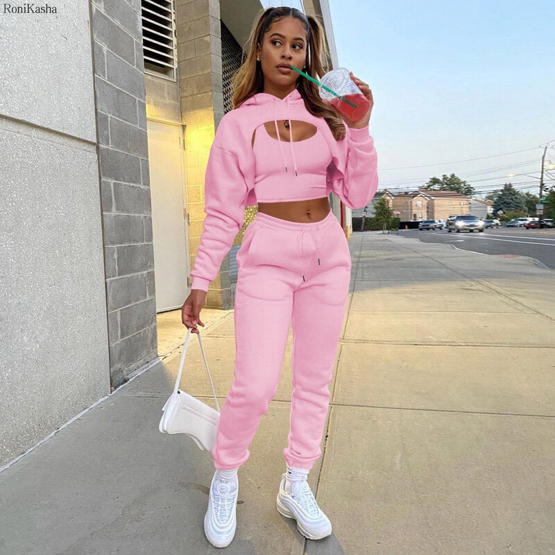 Ronikasha Sweatsuits for Women 3 Piece Set Hoodie + Crop Tank Top and Pants Joggers Suit Fleece Tracksuit Outfits Matching Set