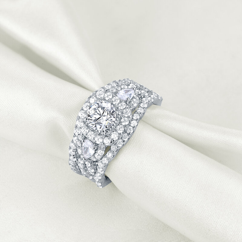 Wuziwen-Conjunto de anillos de compromiso con Halo de tres piedras de 2,7 CT para mujer, Plata de Ley 100% 925, joyería nupcial de lujo de circón AAAAA