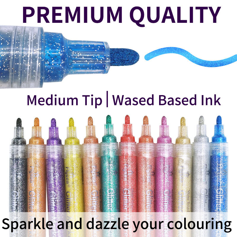 Flysea 12สี Glitter Metallic Marker ปากกาชุด Shimmer Paint Markers ปากกาวาดบัตรอวยพรโปสเตอร์เด็กวารสารที่มีสีสัน
