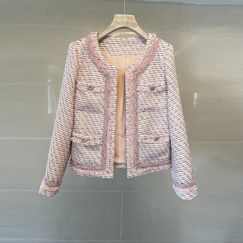 Cardigan épais en laine pour femme, manteau de veste en Tweed rose à paillettes, avec pompon, vêtement d'extérieur, nouvelle collection automne hiver 2021, haute qualité