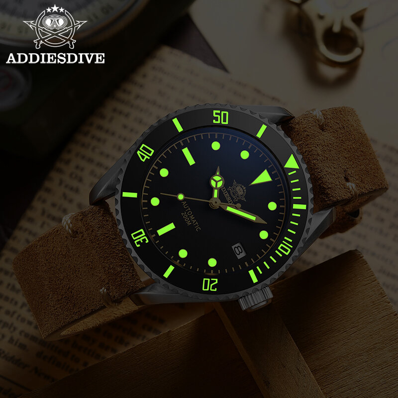 Addies Dive-신상품 남성 레트로 시계, AD2101 브라운 가죽 스트랩 스테인레스 스틸 시계, 야광 다이얼 NH35 200m 다이빙 시계