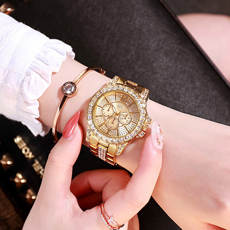 Marca de luxo senhoras relógio feminino relógio analógico três-olho diamante casual pulseira de aço liga relógio de pulso de quartzo presente de natal