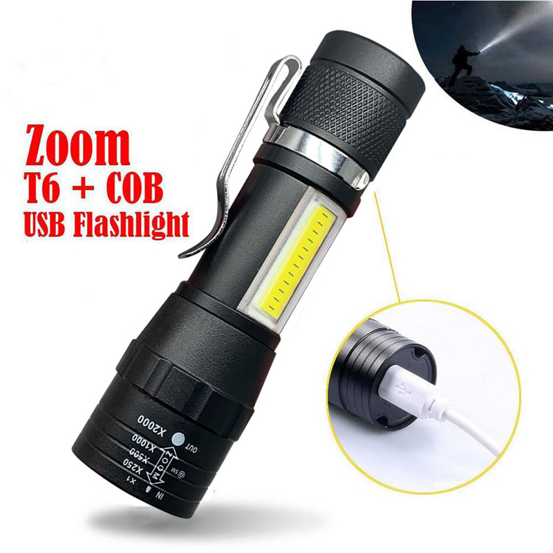 Lanterna led portátil t6 cob luz lanterna recarregável built-in bateria zoom lanterna 3 modo à prova dwaterproof água tocha de emergência