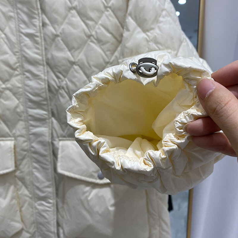 Inverno gola leve pena longa jaqueta feminina 90% pato branco para baixo solto casaco quente à prova de vento manga nova outwear