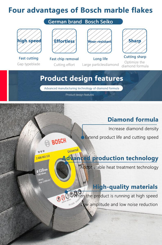 Алмазный диск Bosch 105 мм, общий мраморный лист, мраморный материал, бетон, витрифицированный кирпич, резка сухого и влажного листа, угловая шлифовальная машина